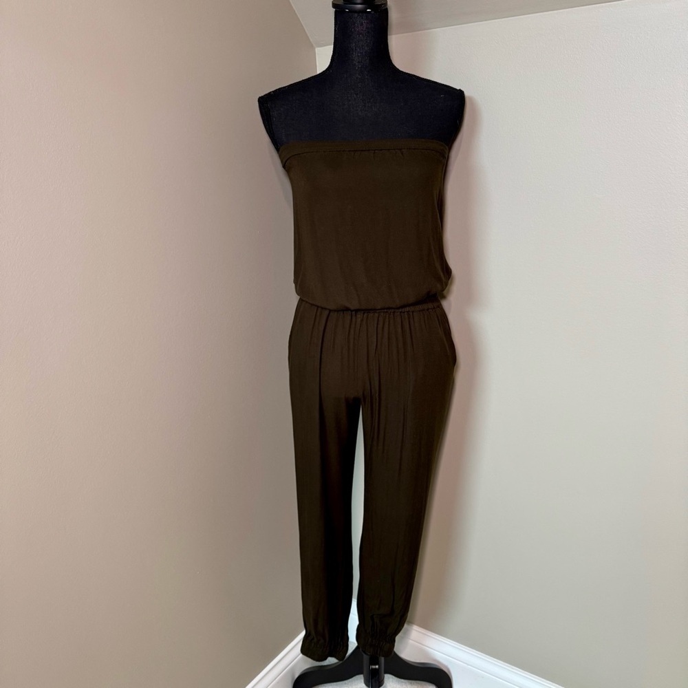 Aritzia‎ Sunday Best Tabata Jumper Strapless Jumpsuit Olive Green Small EUC